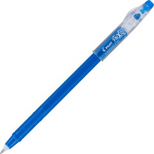 A blue pen with a white tip and a black eraser.