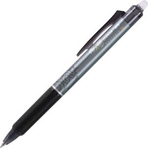 A black and silver pen with a white tip.