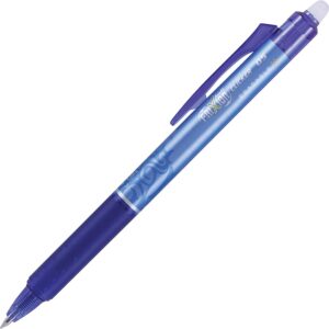 A blue pen with a white tip and a black eraser.