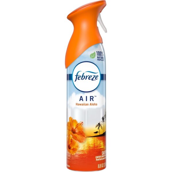 A spray bottle of air freshener with an orange background.