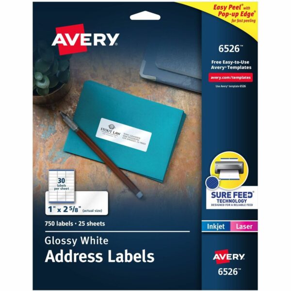 Avery Address Labels, Glossy White, 1" x 2-5/8" , 750 Total (6526)