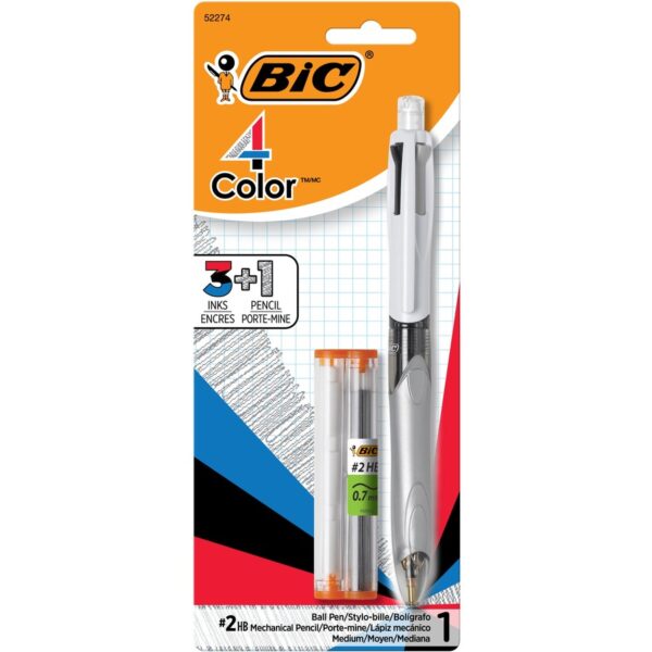 BIC 4-Color 3+1 Ball Pen and Pencil, Assorted Inks, 1 Pack