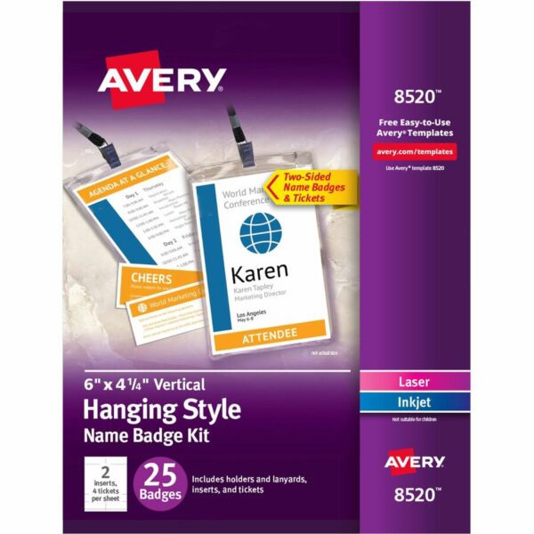 Avery® Vertical Name Badges with Tickets Kit for Laser and Inkjet Printers, 4-1/4" x 6"