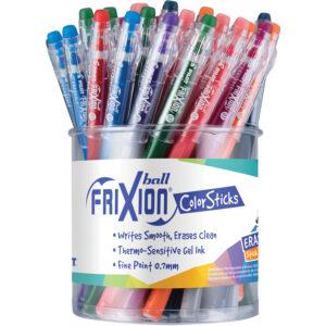 A tub of frixion pens in different colors.