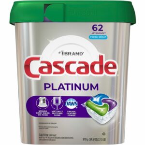 A tub of cascade platinum dishwasher detergent.