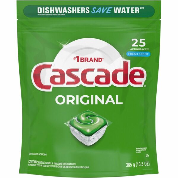 A bag of dishwasher detergent that is green.