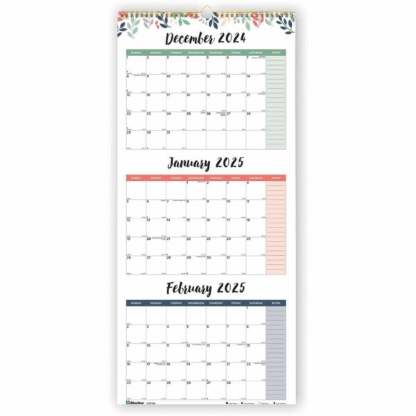 Blueline 3-Month Colorful Wall Calendar