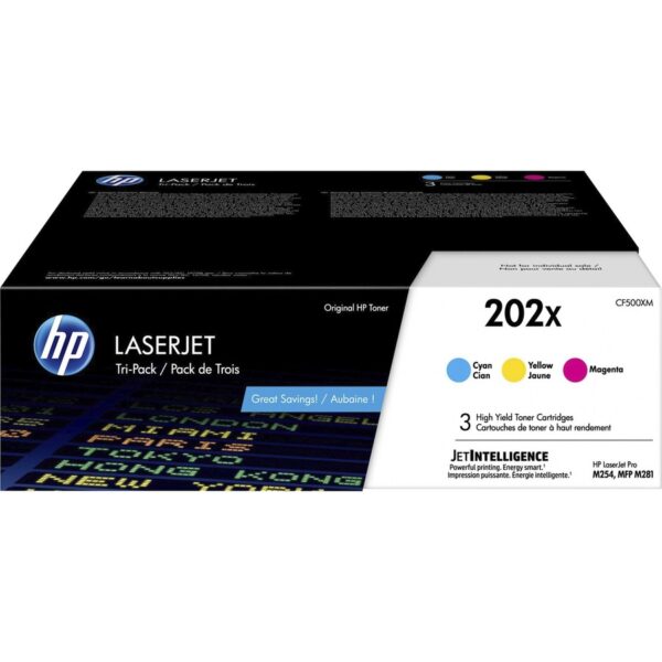 HP 202X (CF500XM) Original High Yield Laser Toner Cartridge - Multi-pack - Cyan, Magenta, Yellow - 3.0 / Carton