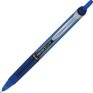 A blue pen with white tip and black writing.