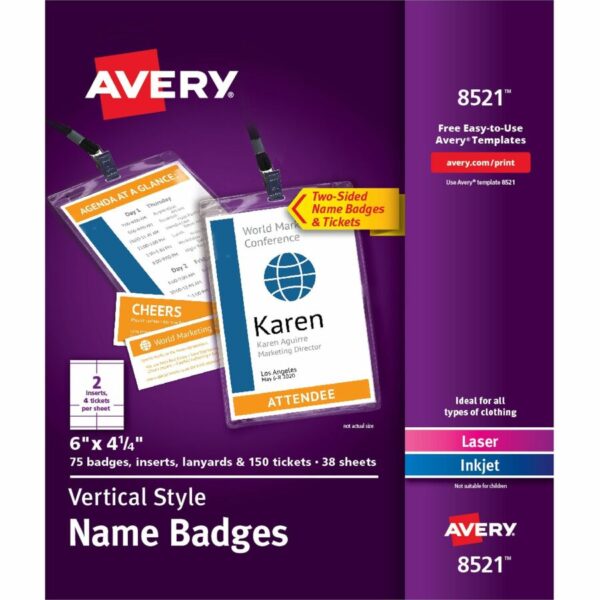 Avery® Vertical Name Badges with Tickets Kit for Laser and Inkjet Printers, 4-1/4" x 6"