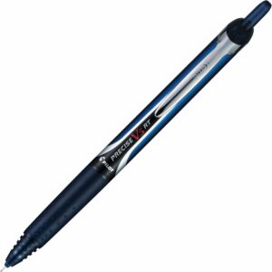 A blue pen with a black tip and silver cap.