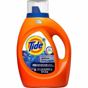 A bottle of tide detergent with blue lid.