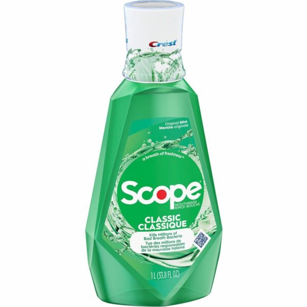 A bottle of scope mouthwash is shown.