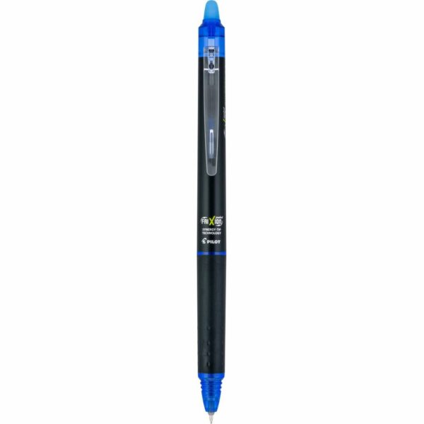 A blue and black pen is shown from the front.