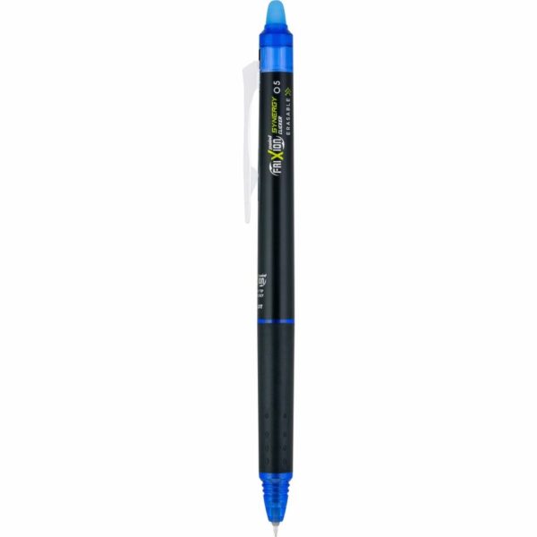 A blue and black pen with a yellow marker.