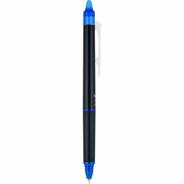 A blue and black pen is shown with a white background.