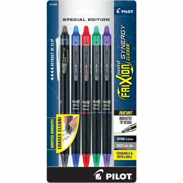 A package of pilot frixion pens in different colors.