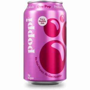 A can of pink soda with the word " poppi " written on it.