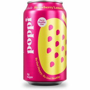 A can of strawberry lemonade soda is shown.