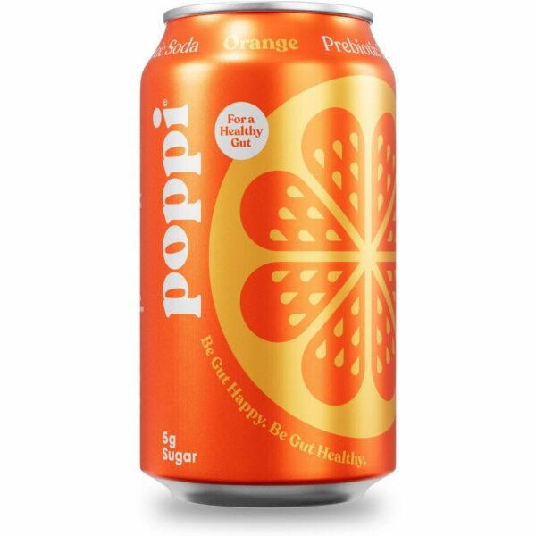 A can of soda with an orange slice on the side.