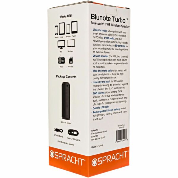 Spracht Blunote Turbo Portable Bluetooth Speaker System - 20 W RMS - Matte Black - Image 2