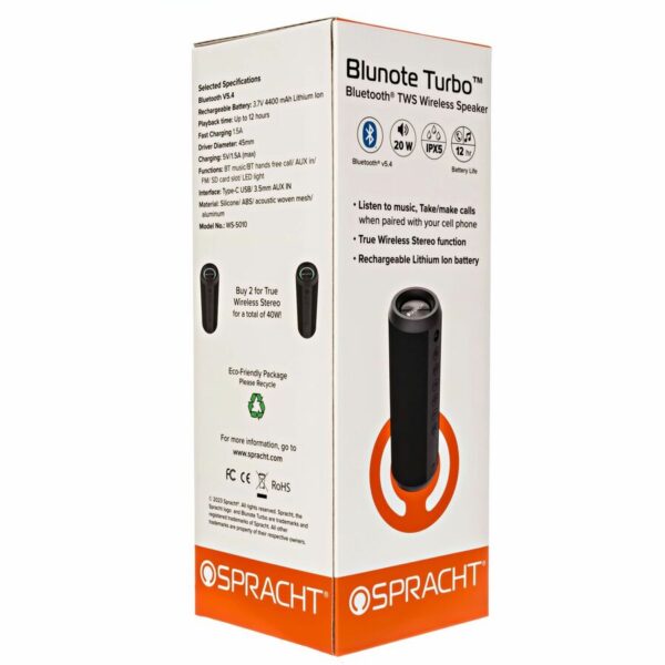 Spracht Blunote Turbo Portable Bluetooth Speaker System - 20 W RMS - Matte Black - Image 3