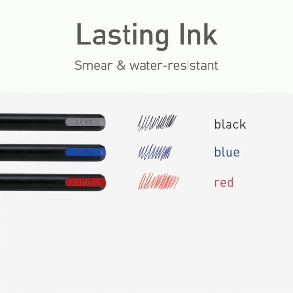 A black, blue and red pen with writing on it.