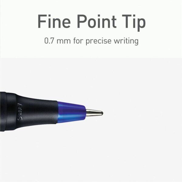 A blue and black pen with the tip of it.