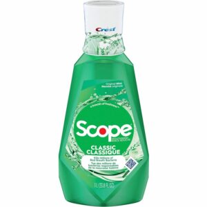 A bottle of scope mouthwash is shown.