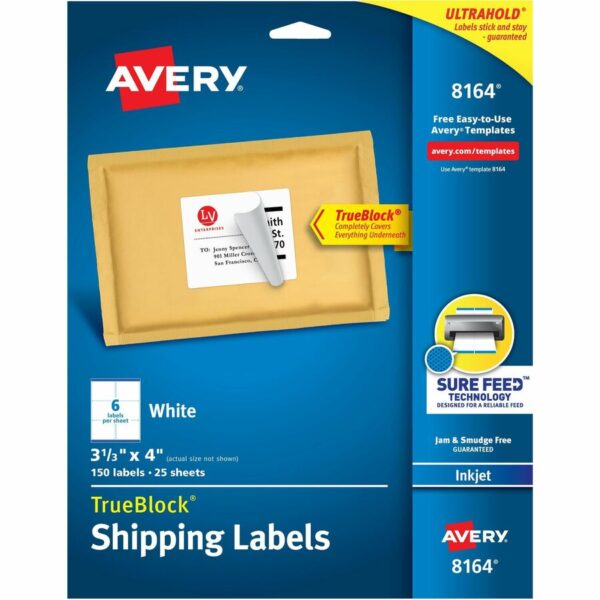 Avery® Shipping Labels, Sure Feed, 3-1/3" x 4" , 150 White Labels (8164)