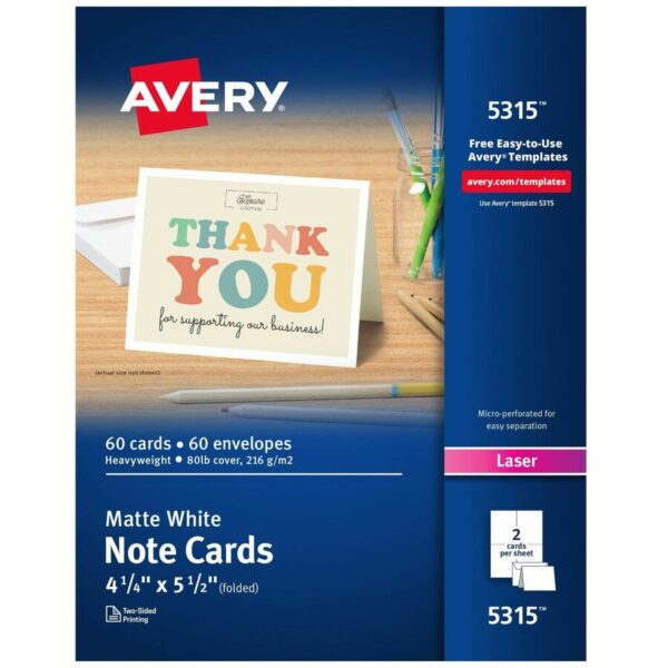 Avery® Printable Note Cards, Two-Sided Printing, 4-1/4" x 5-1/2" , 60 Cards (5315)