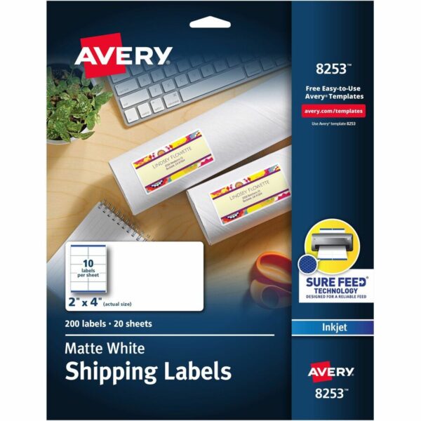 Avery® White Shipping Labels, Sure Feed®, 2" x 4" , 200 Labels (8253)