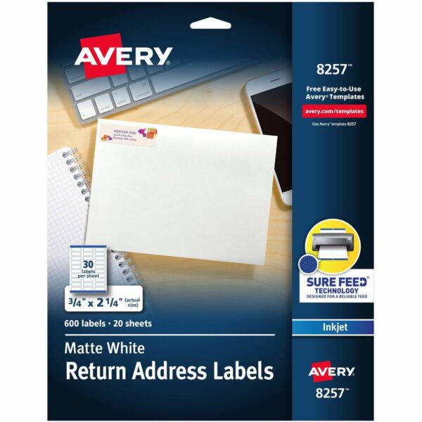 Avery White Return Address Labels, Sure Feed®, 3/4" x 2-1/4" , 600 Labels (8257)