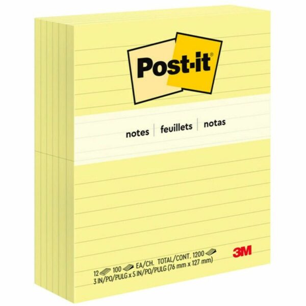 Post-it® Original Lined Notes, Canary Yellow, 3" x 5" , 100 Sheets/Pad, 12 Pads/PK