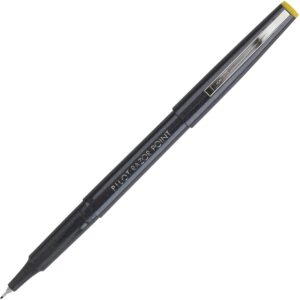 A black pen with yellow tip and black handle.