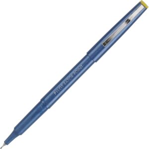 A blue pen with yellow tip and black writing.