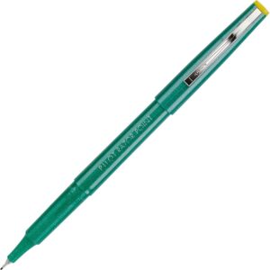 A green pen with yellow tip and black handle.