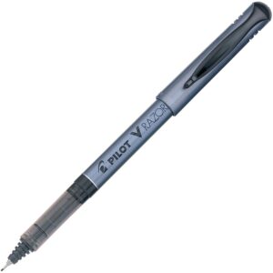 A black pen with a white tip and a blue handle.