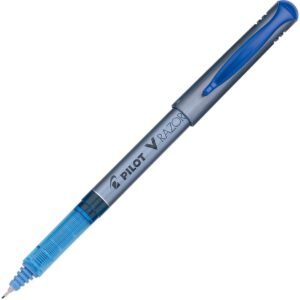 A blue pen with a black tip and white writing.