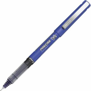 A blue pen with a black tip and white writing.