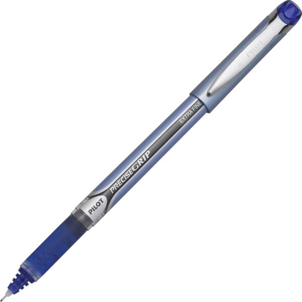 A blue pen with a white tip and black writing.