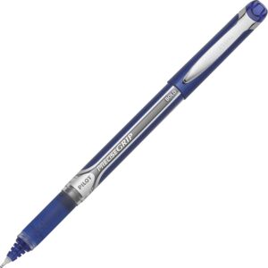 A blue pen with a silver tip and black ink.