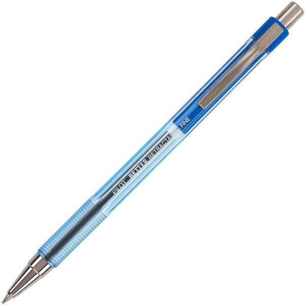 A blue pen with a silver tip and a black eraser.