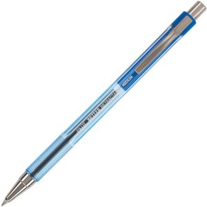 A blue pen with a silver tip and a black eraser.