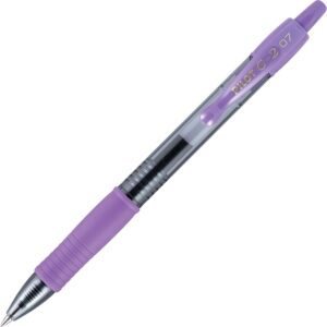 A purple pen with a black tip and white writing.