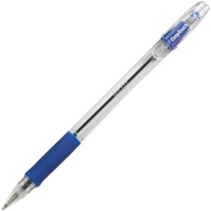 A blue and white pen is on the table