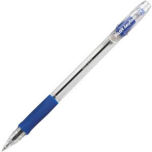 A blue and white pen with a black tip