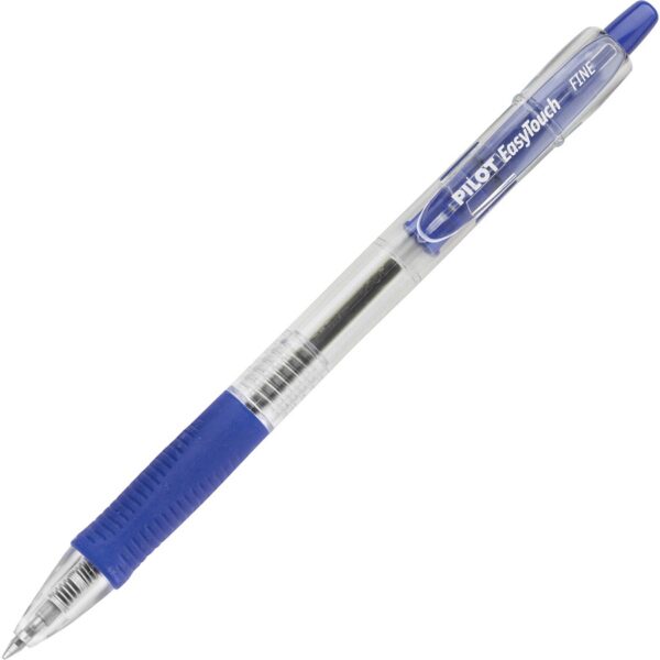 A blue pen with a white tip and black writing.