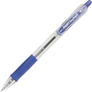 A blue pen with a white tip and black writing.