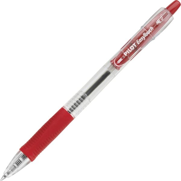 A red and white pen with a black tip.